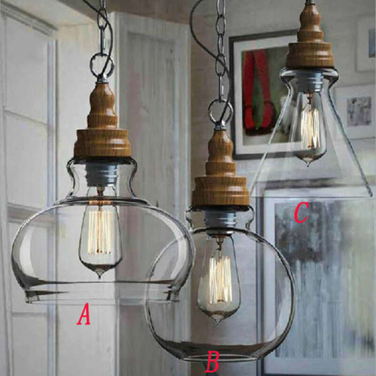 Glass & Wood Single Head Pendant Light (a)