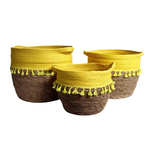 Daisy Baskets Set of 3: Yellow and Jute - Stylish Storage Solutions